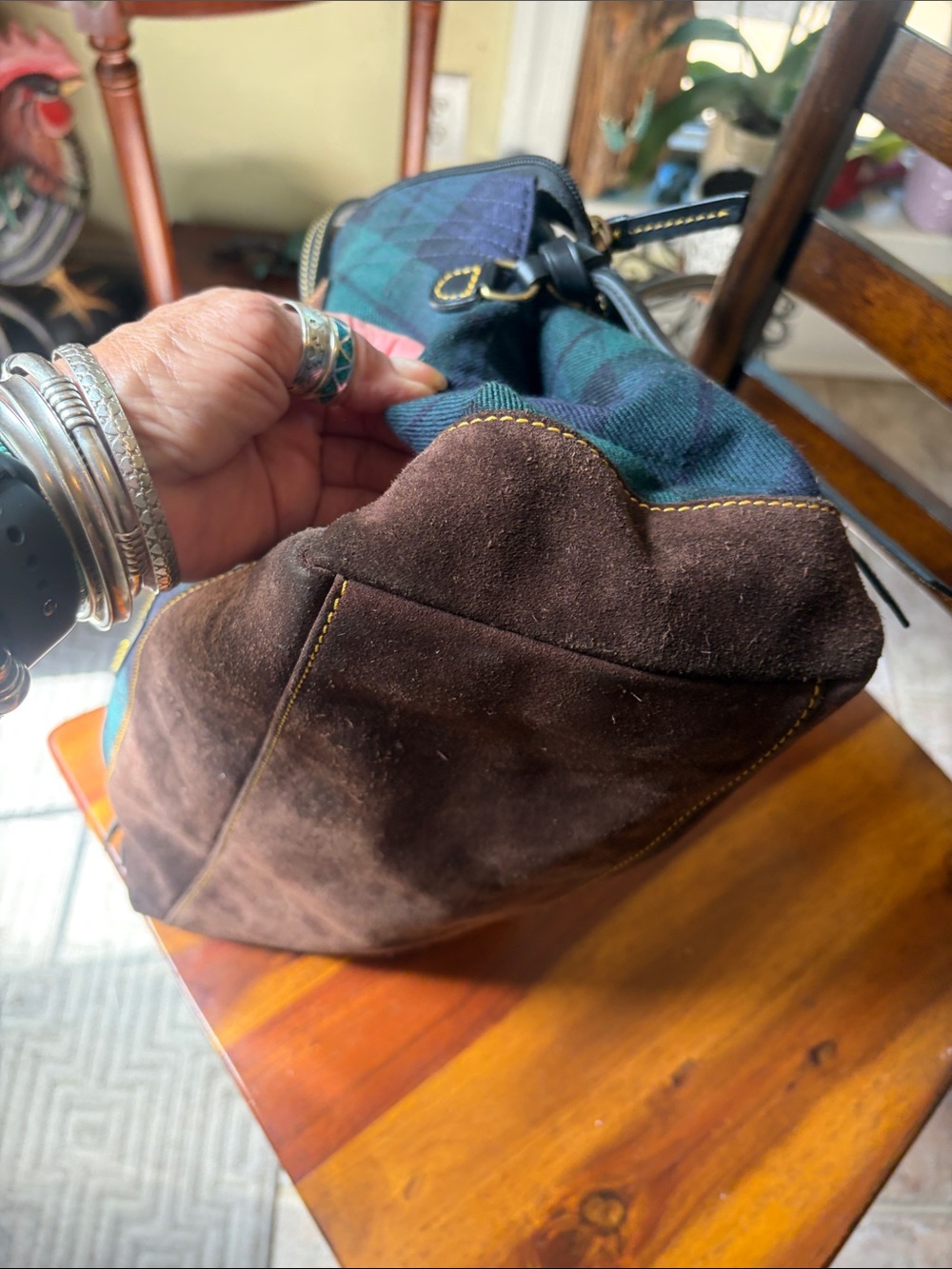 Dooney & Bourke Navy and Green Plaid Satchel - Picture 5 of 13